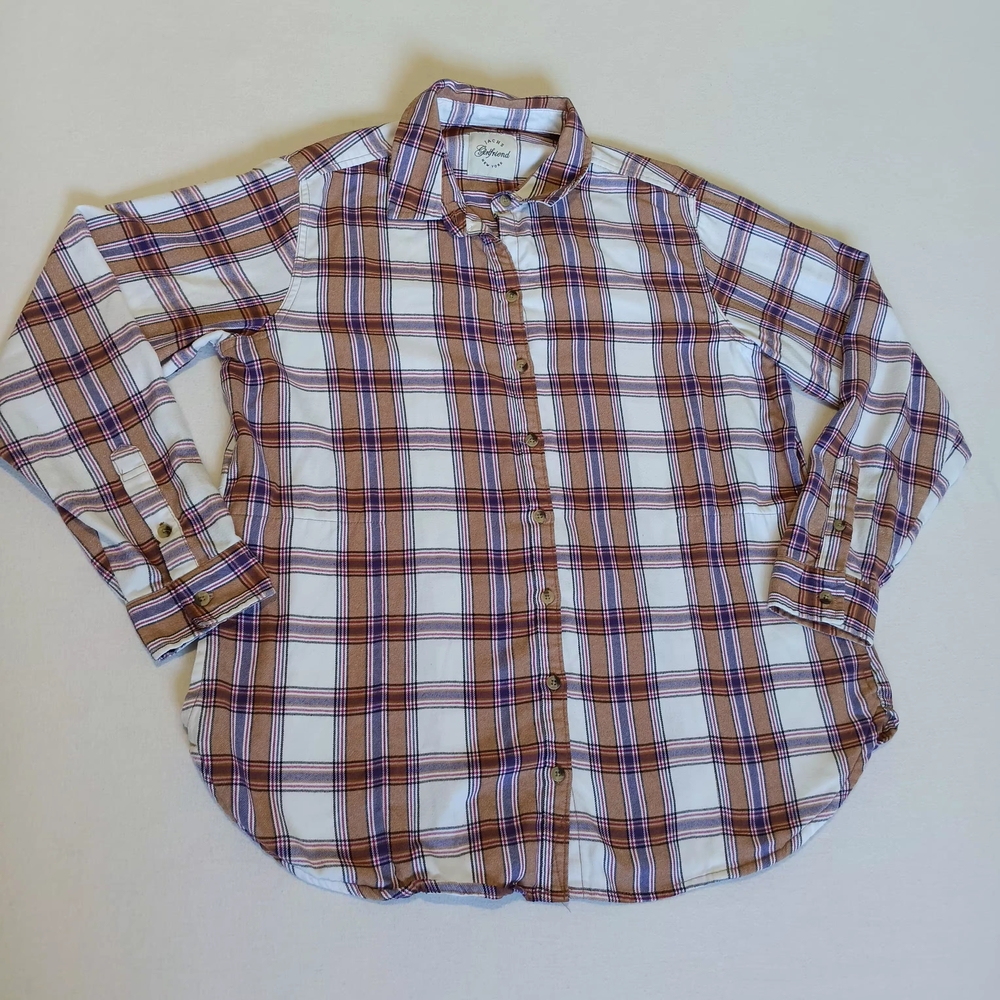 JACHS Girlfriend New York Plaid Flannel Shirt Women's Size L Tan Purple White